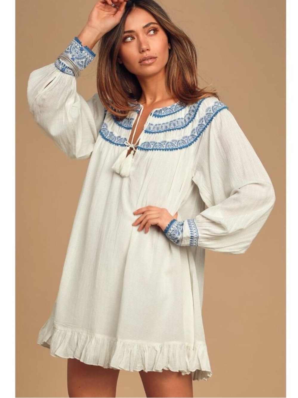 Free People Erin Embroidered Long Sleeve Mini Dress in Ivory Size XS
